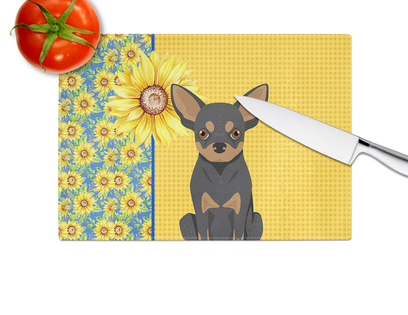 Summer Sunflowers Black and Tan Chihuahua Glass Cutting Board Large - the-store.com