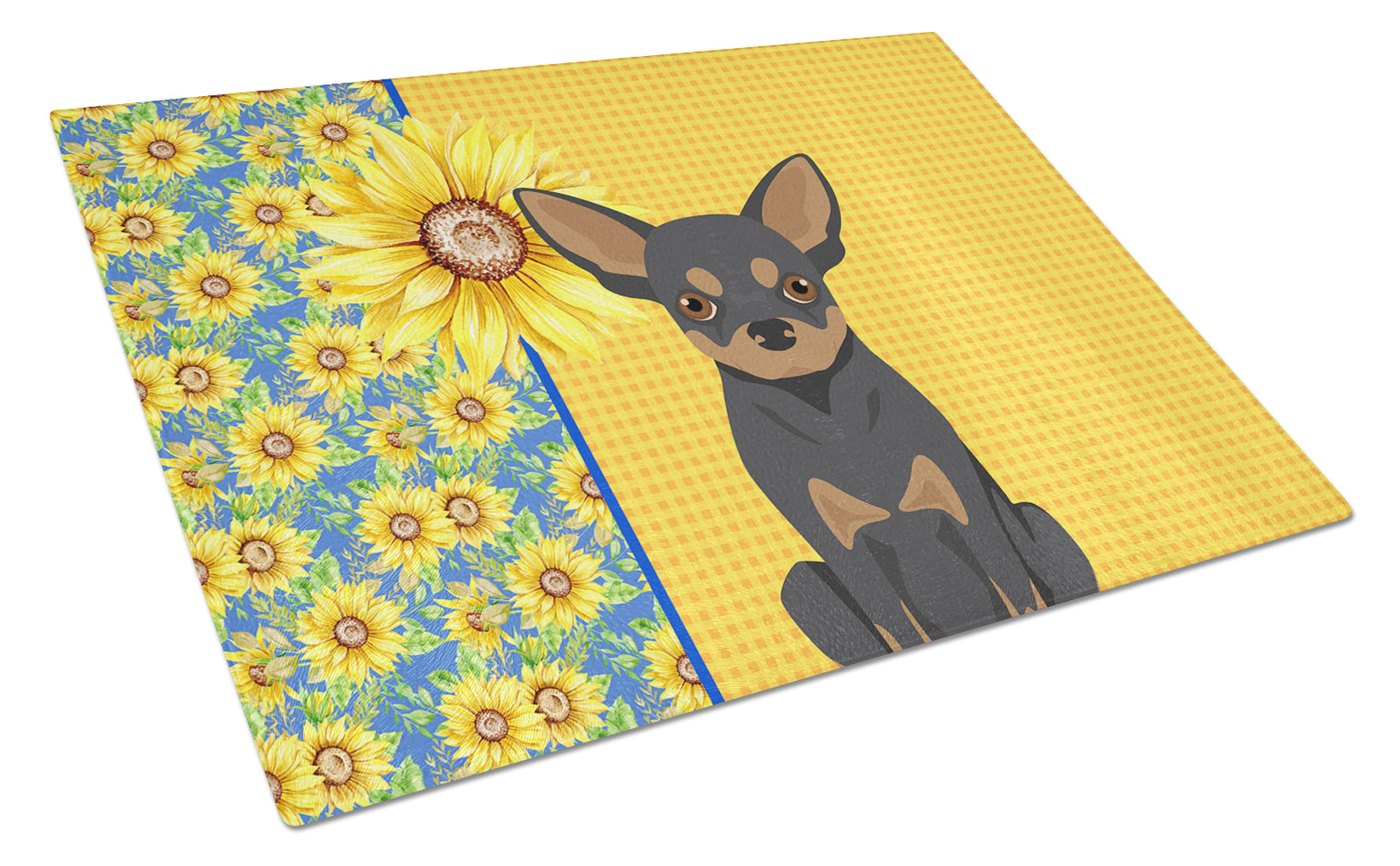 Buy this Summer Sunflowers Black and Tan Chihuahua Glass Cutting Board Large