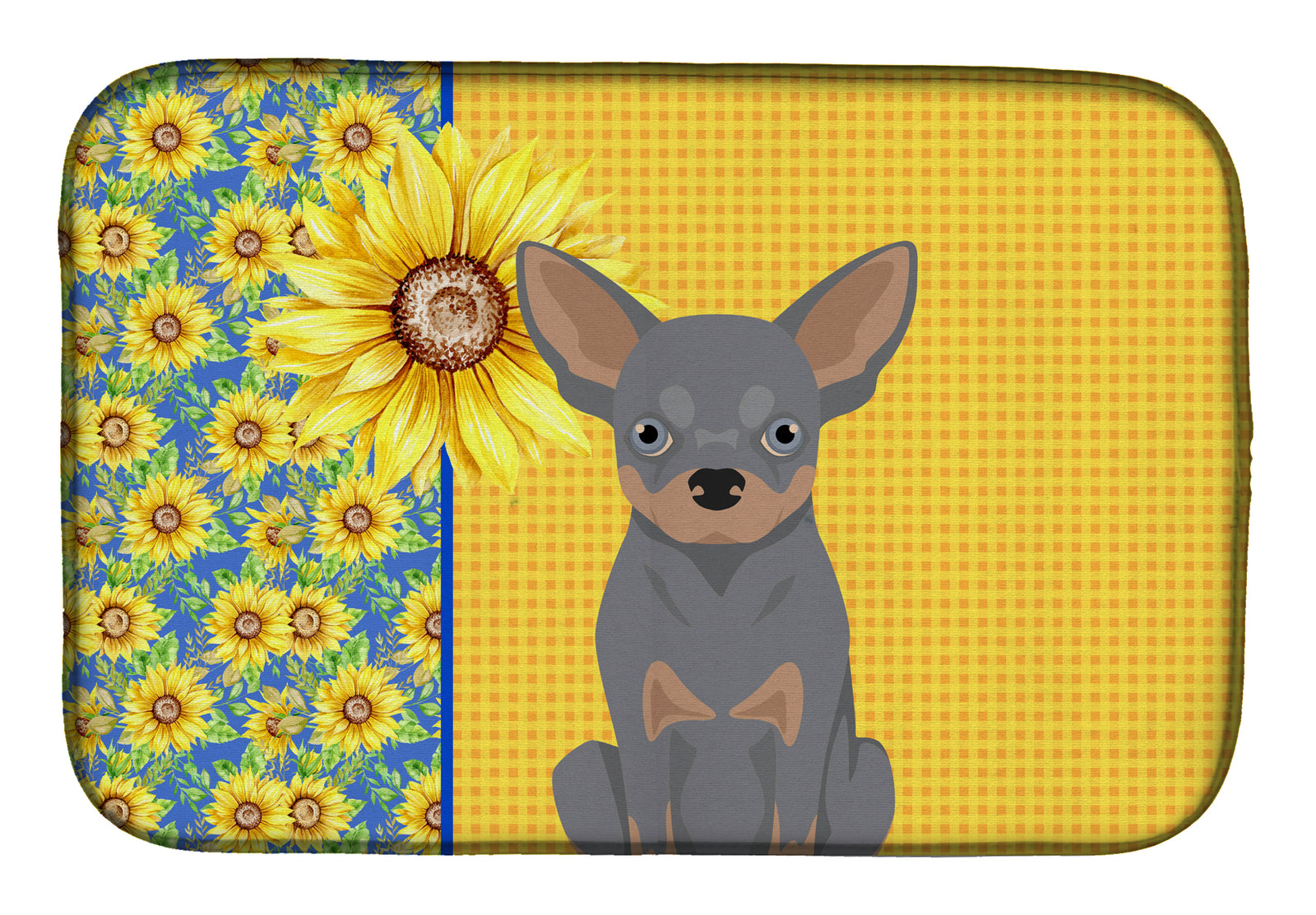 Summer Sunflowers Blue and Tan Chihuahua Dish Drying Mat  the-store.com.