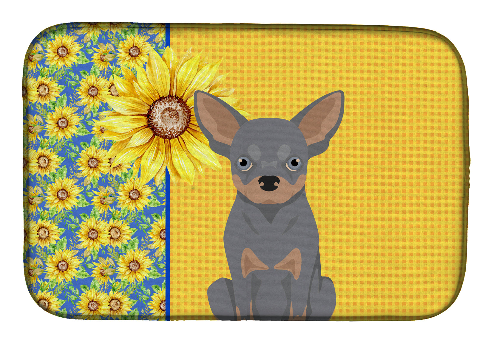 Summer Sunflowers Blue and Tan Chihuahua Dish Drying Mat  the-store.com.