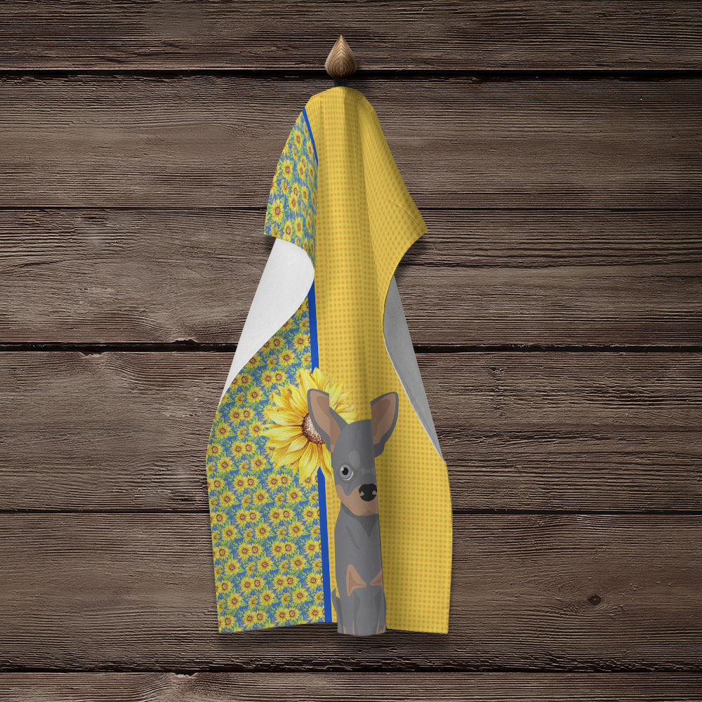 Summer Sunflowers Blue and Tan Chihuahua Kitchen Towel - the-store.com