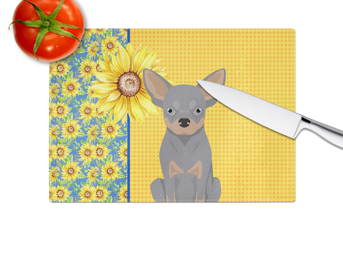Summer Sunflowers Blue and Tan Chihuahua Glass Cutting Board Large - the-store.com