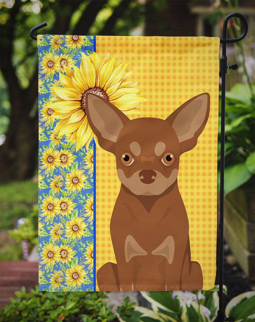 Summer Sunflowers Chocolate and Tan Chihuahua Flag Garden Size  the-store.com.