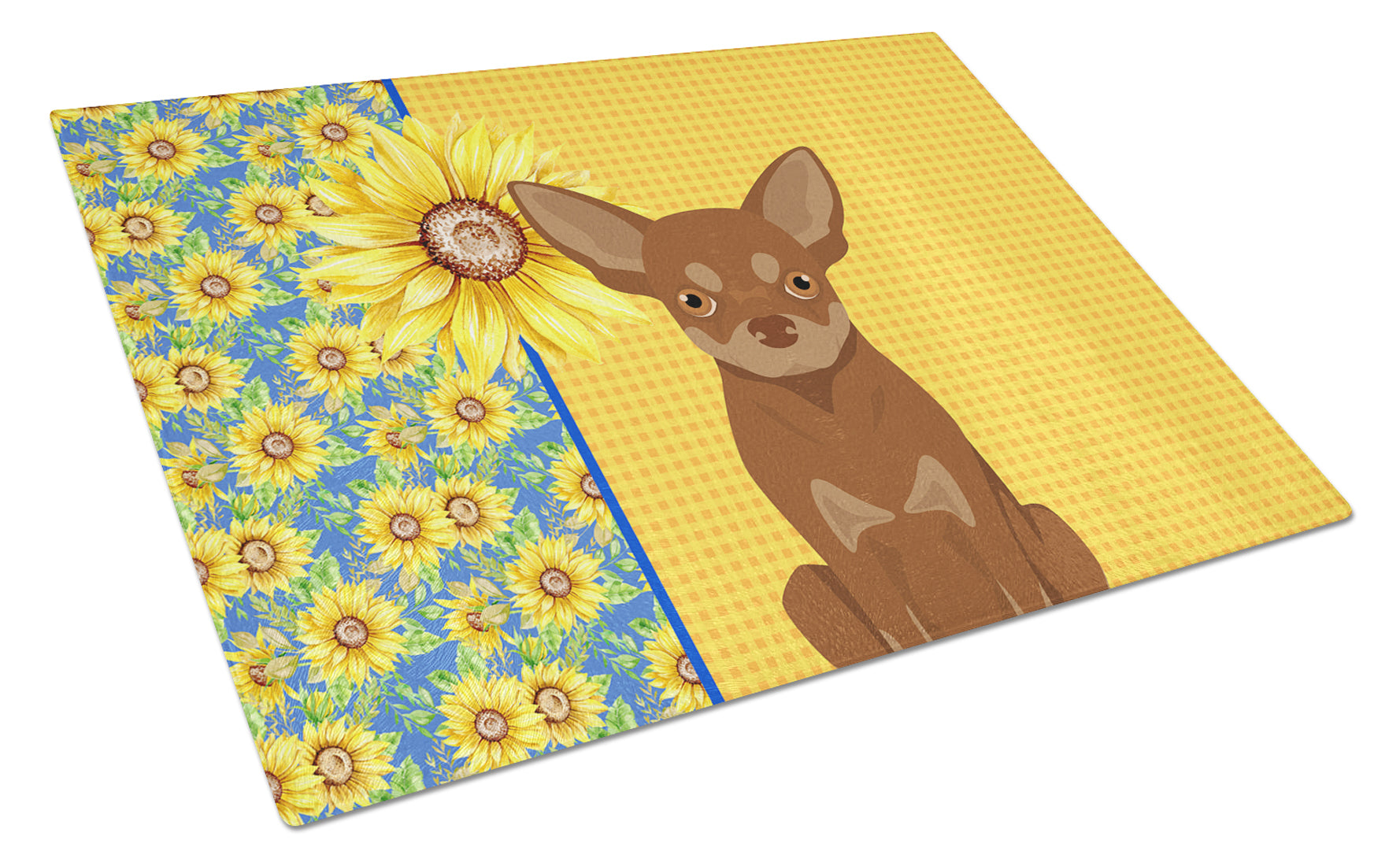 Buy this Summer Sunflowers Chocolate and Tan Chihuahua Glass Cutting Board Large