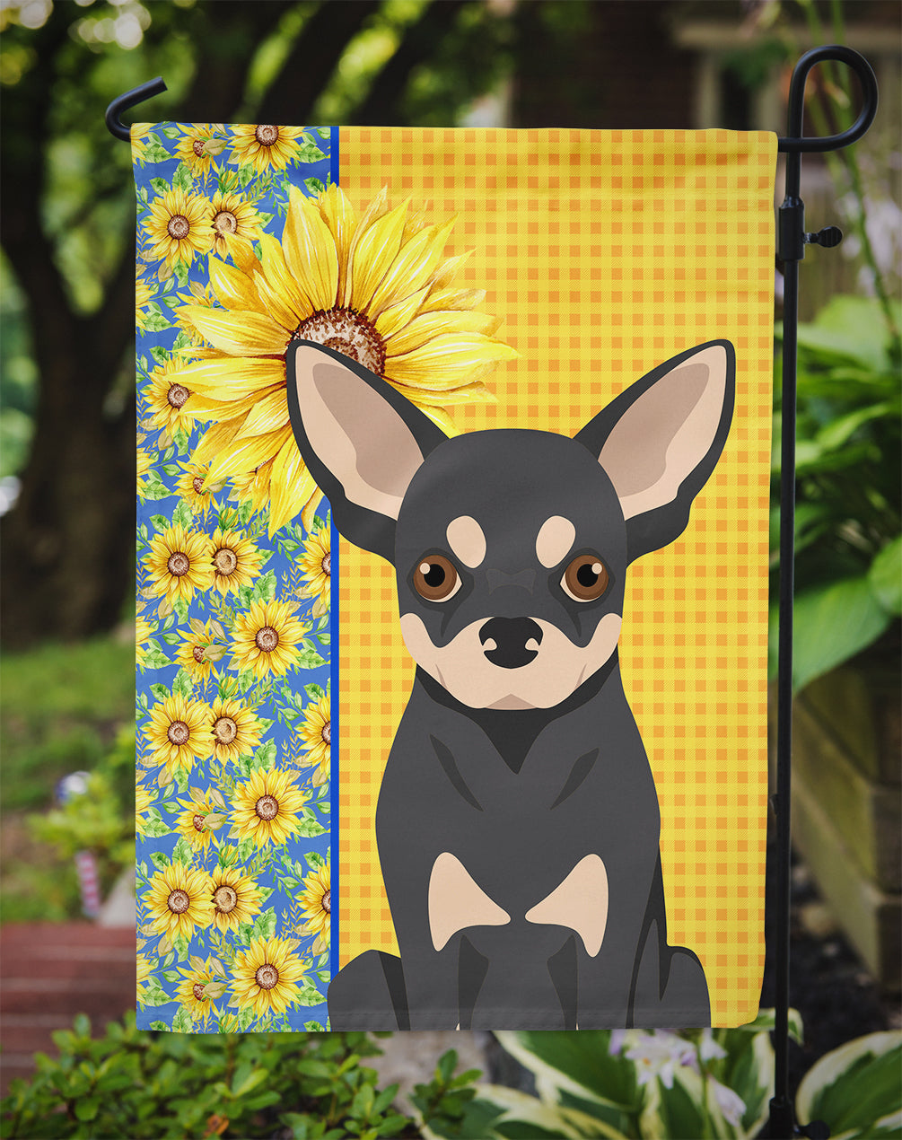 Summer Sunflowers Black and Cream Chihuahua Flag Garden Size