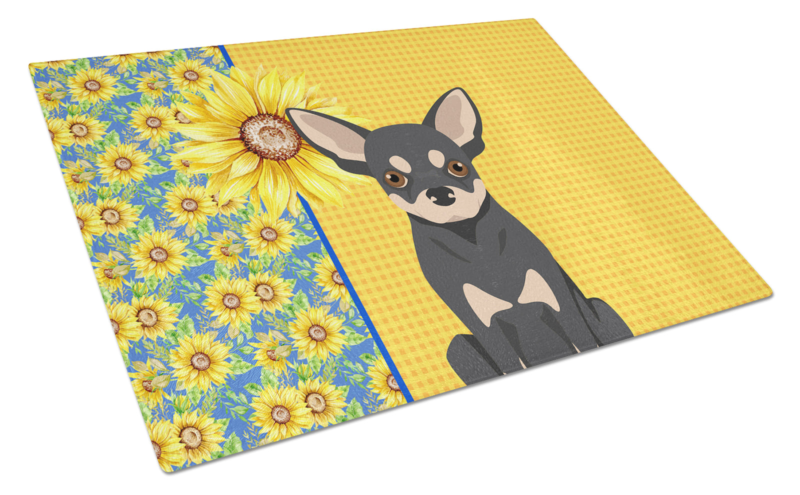 Buy this Summer Sunflowers Black and Cream Chihuahua Glass Cutting Board Large