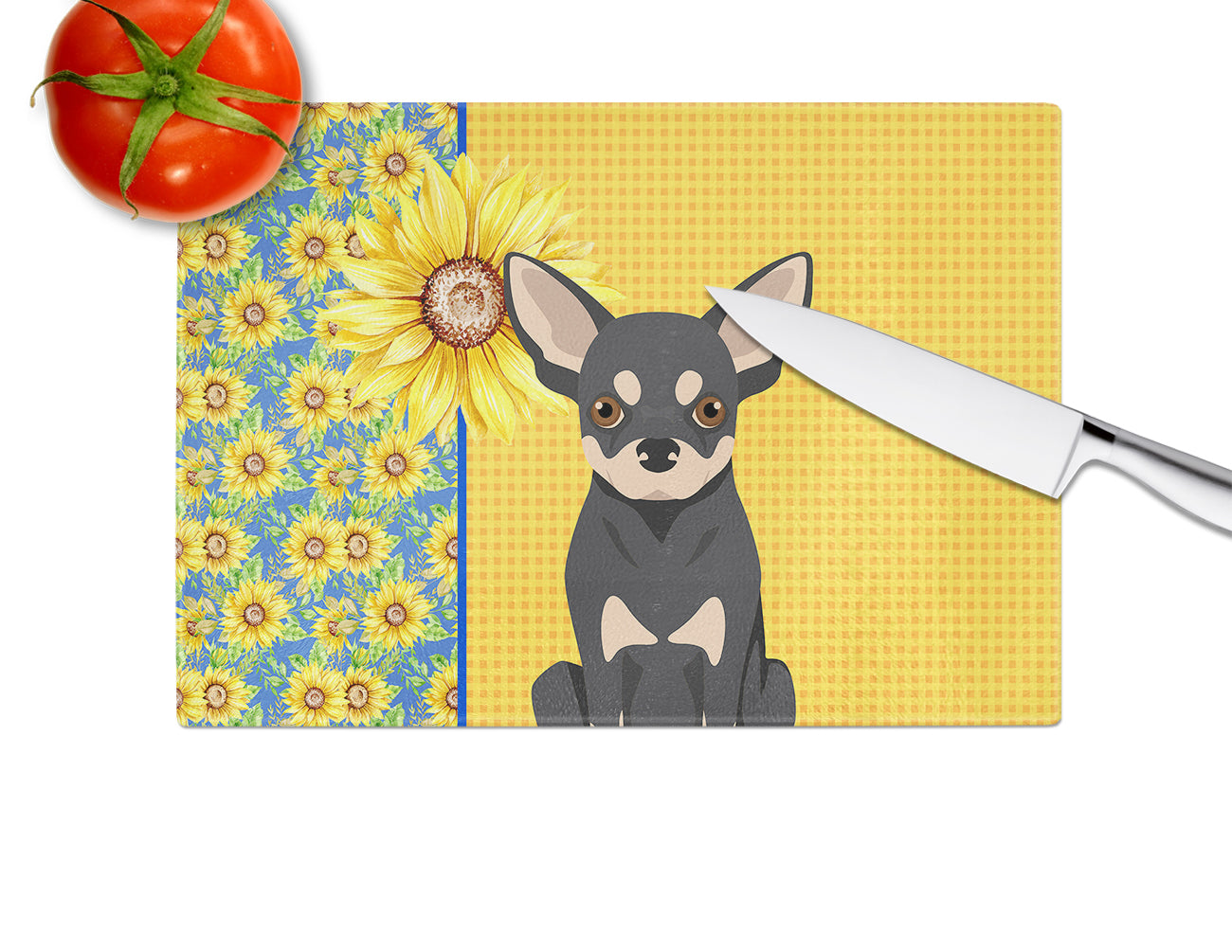 Summer Sunflowers Black and Cream Chihuahua Glass Cutting Board Large - the-store.com