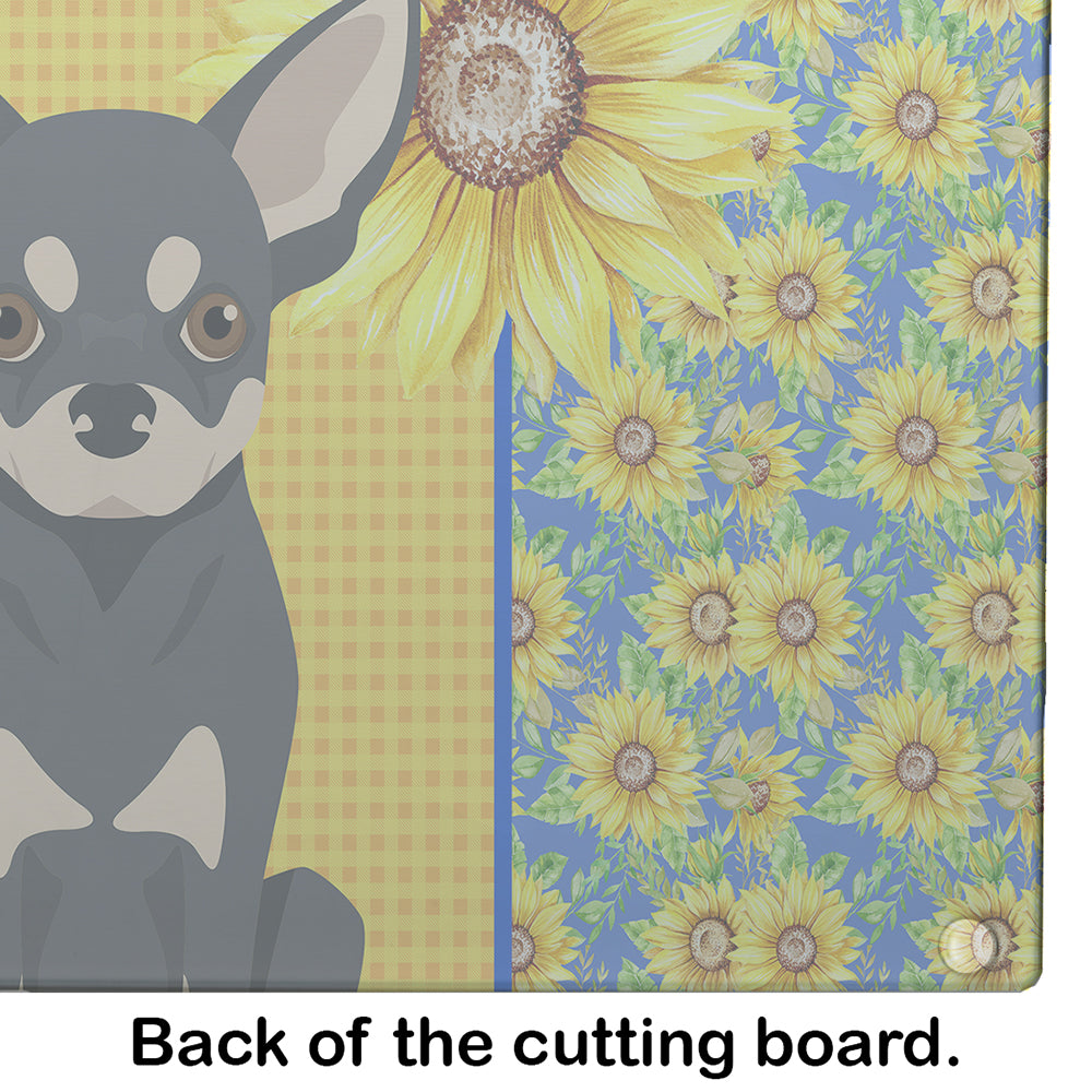 Summer Sunflowers Black and Cream Chihuahua Glass Cutting Board Large - the-store.com