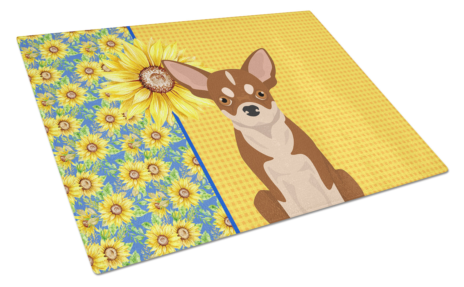 Buy this Summer Sunflowers Red and White Chihuahua Glass Cutting Board Large