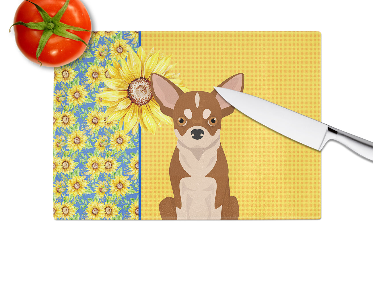 Summer Sunflowers Red and White Chihuahua Glass Cutting Board Large - the-store.com