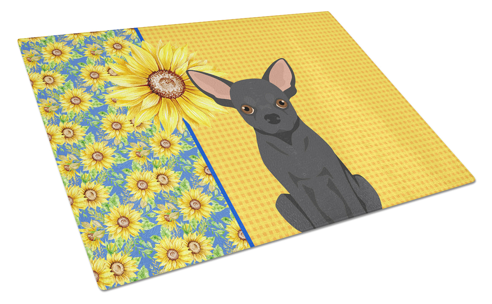 Buy this Summer Sunflowers Black Chihuahua Glass Cutting Board Large