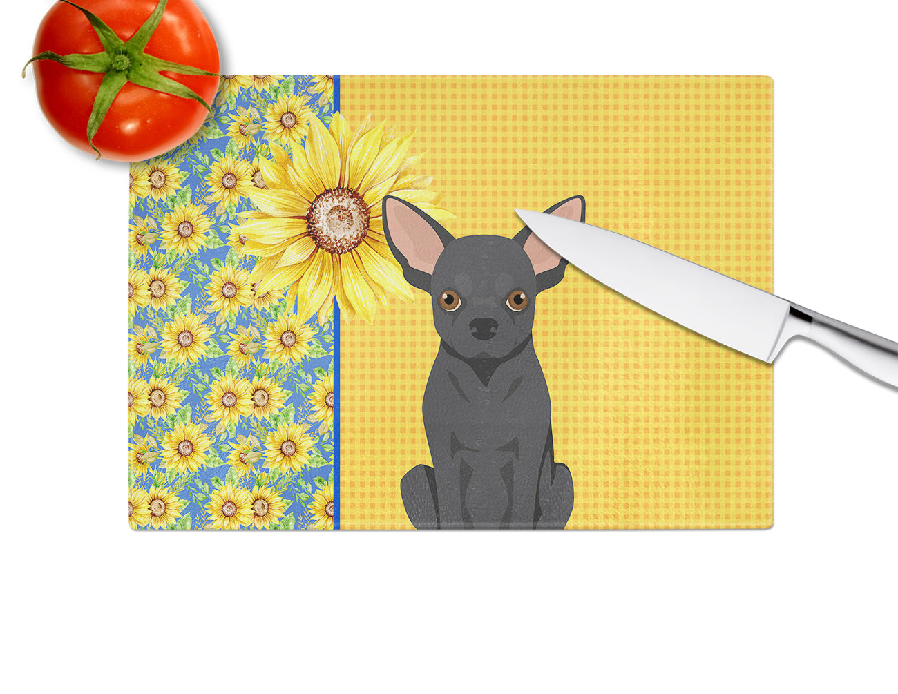 Summer Sunflowers Black Chihuahua Glass Cutting Board Large - the-store.com