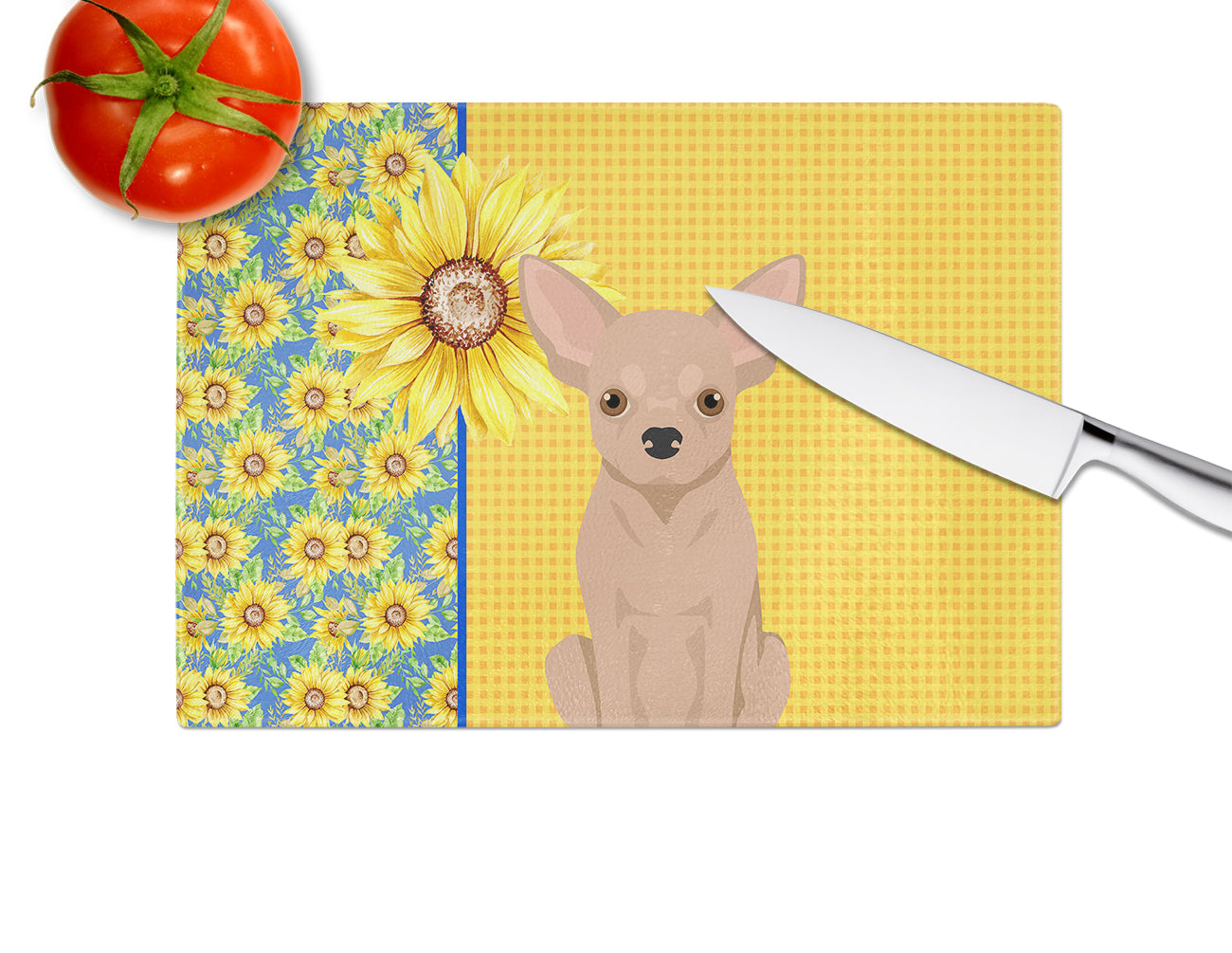 Summer Sunflowers Cream Chihuahua Glass Cutting Board Large - the-store.com