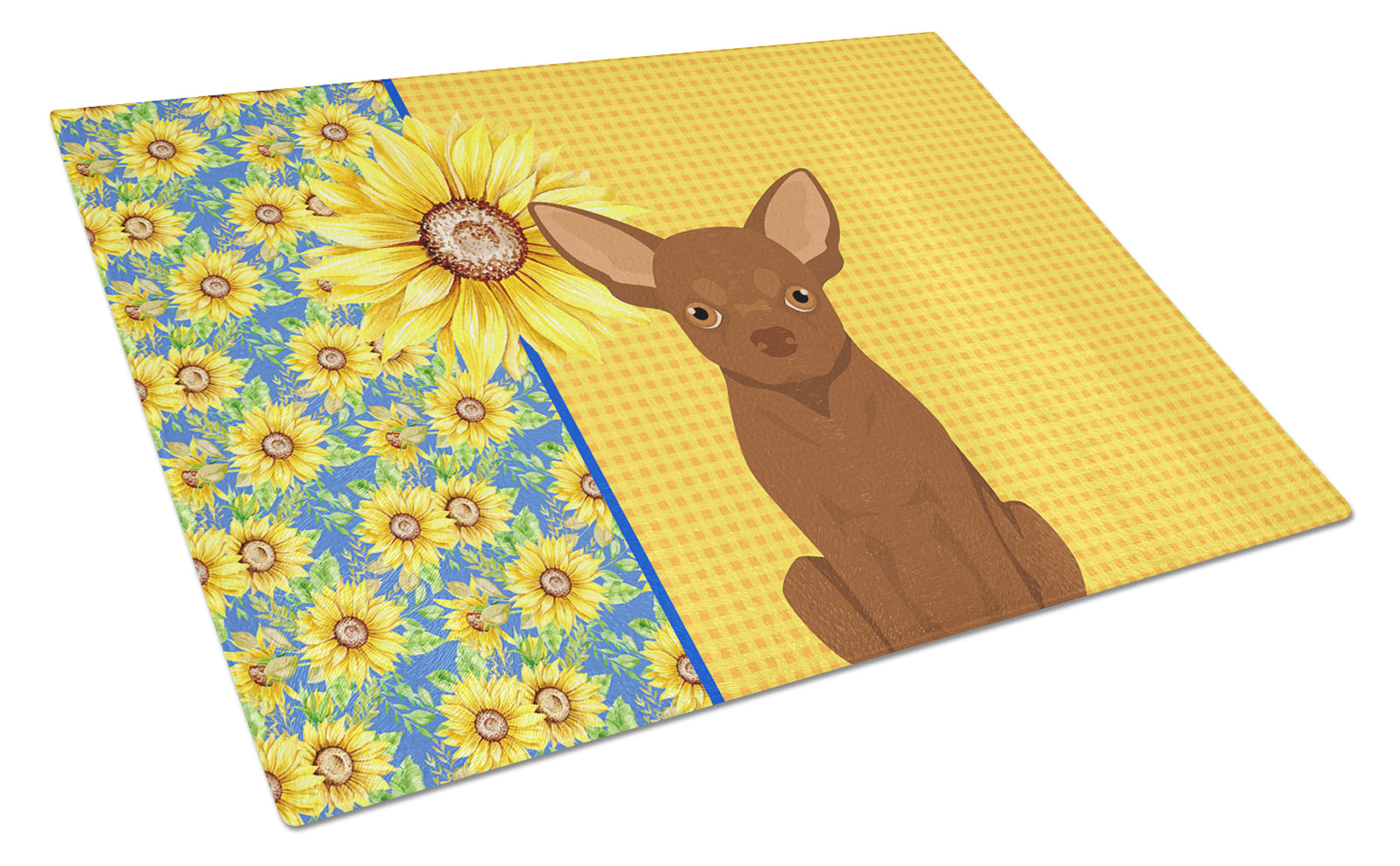 Buy this Summer Sunflowers Chocolate Chihuahua Glass Cutting Board Large