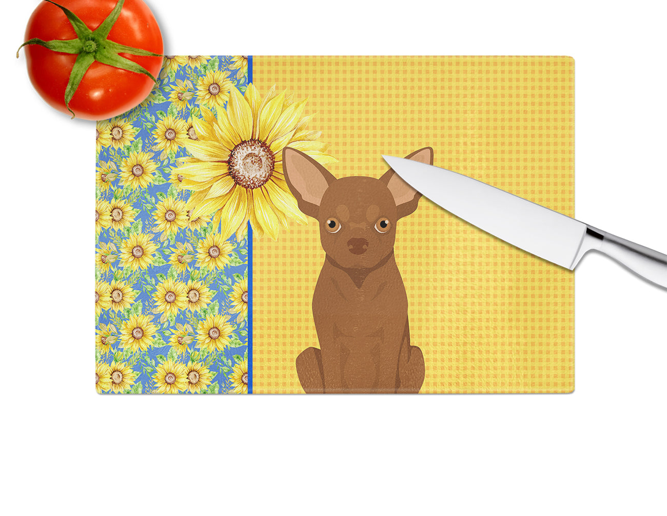 Summer Sunflowers Chocolate Chihuahua Glass Cutting Board Large - the-store.com