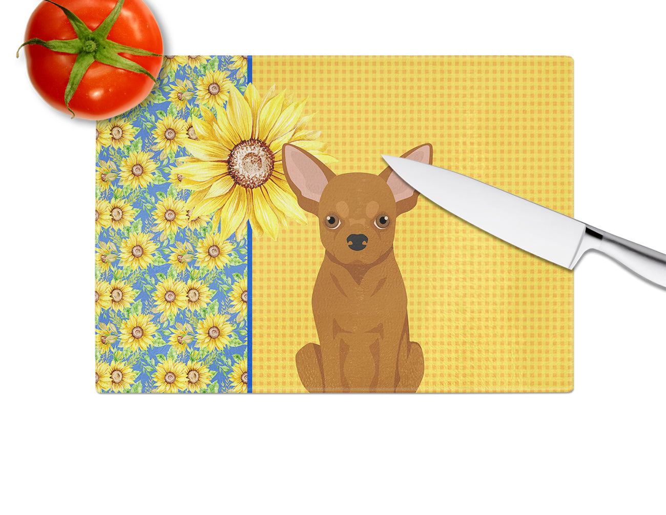Summer Sunflowers Red Chihuahua Glass Cutting Board Large - the-store.com