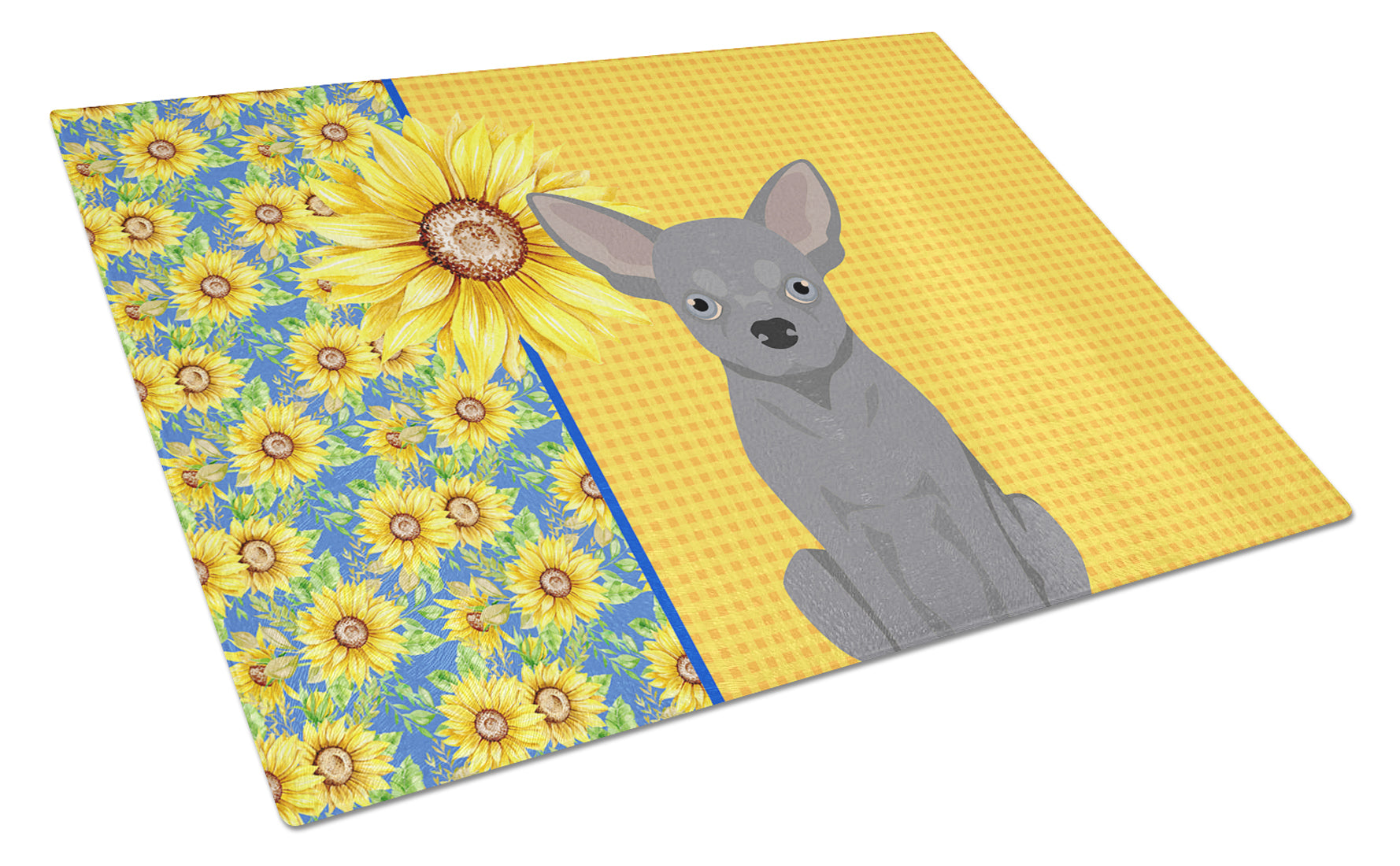 Buy this Summer Sunflowers Blue Chihuahua Glass Cutting Board Large
