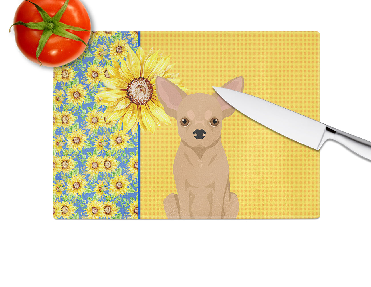 Summer Sunflowers Gold Chihuahua Glass Cutting Board Large - the-store.com