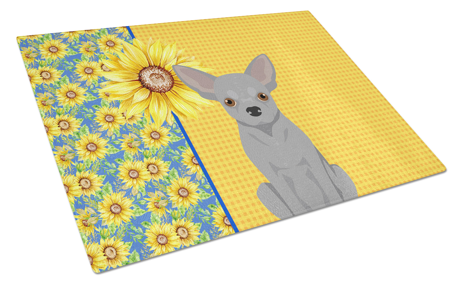 Buy this Summer Sunflowers Silver Chihuahua Glass Cutting Board Large