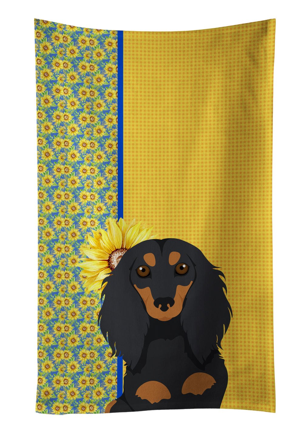Buy this Summer Sunflowers Longhair Black and Tan Dachshund Kitchen Towel