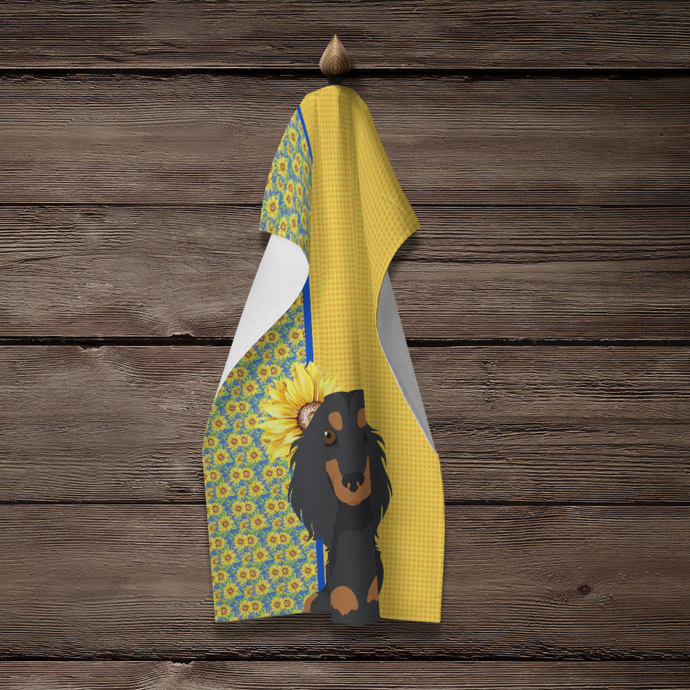 Summer Sunflowers Longhair Black and Tan Dachshund Kitchen Towel - the-store.com