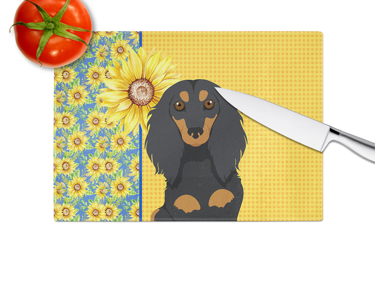 Summer Sunflowers Longhair Black and Tan Dachshund Glass Cutting Board Large - the-store.com