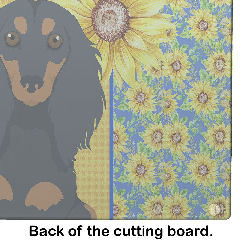 Summer Sunflowers Longhair Black and Tan Dachshund Glass Cutting Board Large - the-store.com