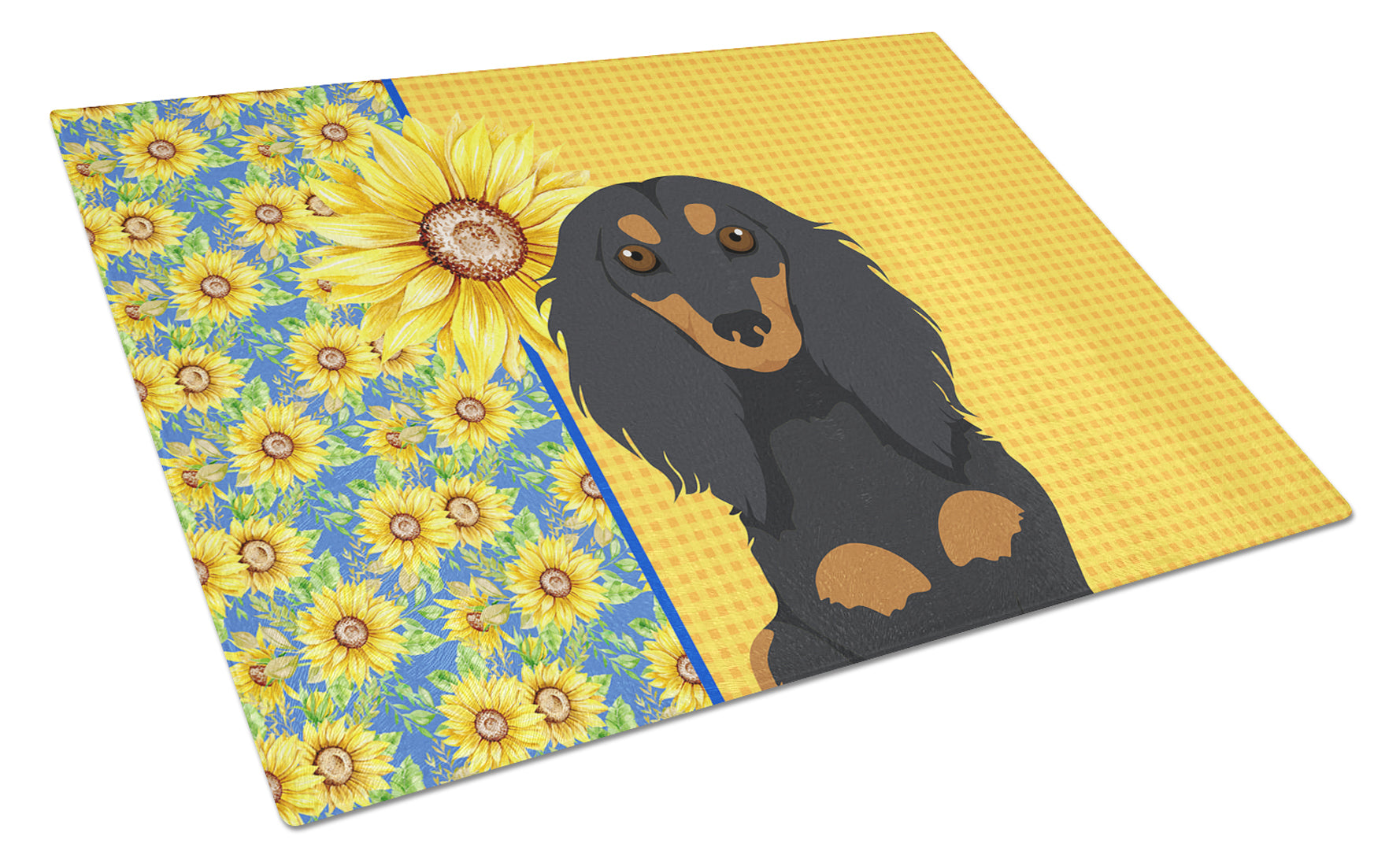 Buy this Summer Sunflowers Longhair Black and Tan Dachshund Glass Cutting Board Large