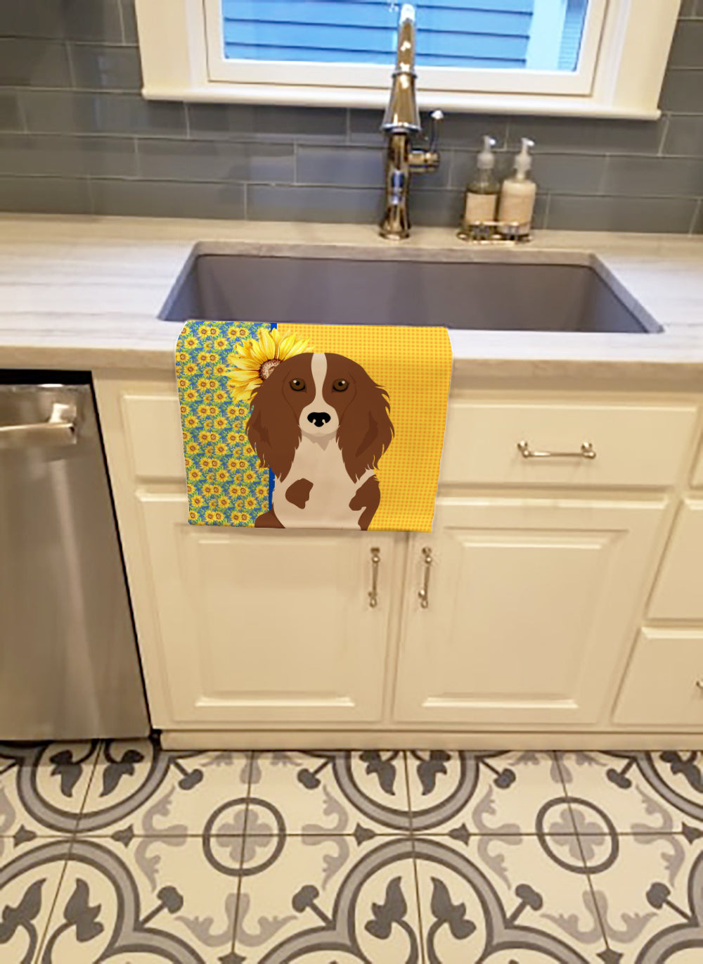 Summer Sunflowers Longhair Red Pedbald Dachshund Kitchen Towel - the-store.com
