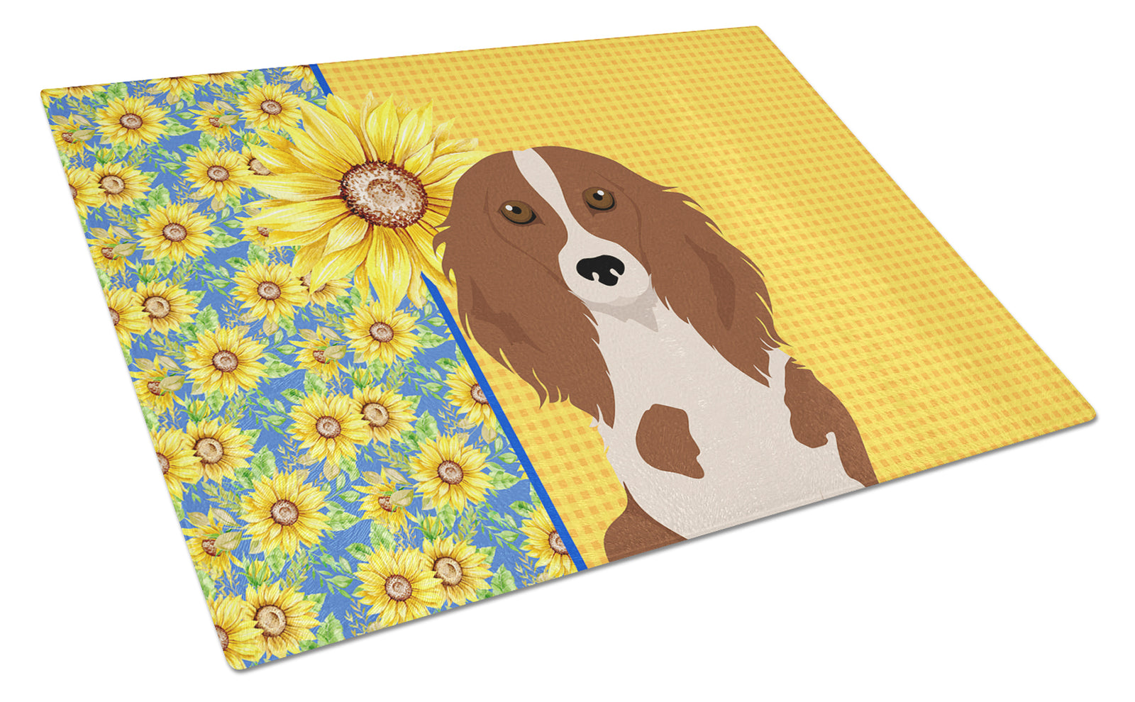 Buy this Summer Sunflowers Longhair Red Pedbald Dachshund Glass Cutting Board Large