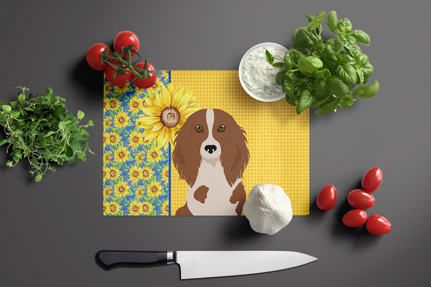 Summer Sunflowers Longhair Red Pedbald Dachshund Glass Cutting Board Large - the-store.com