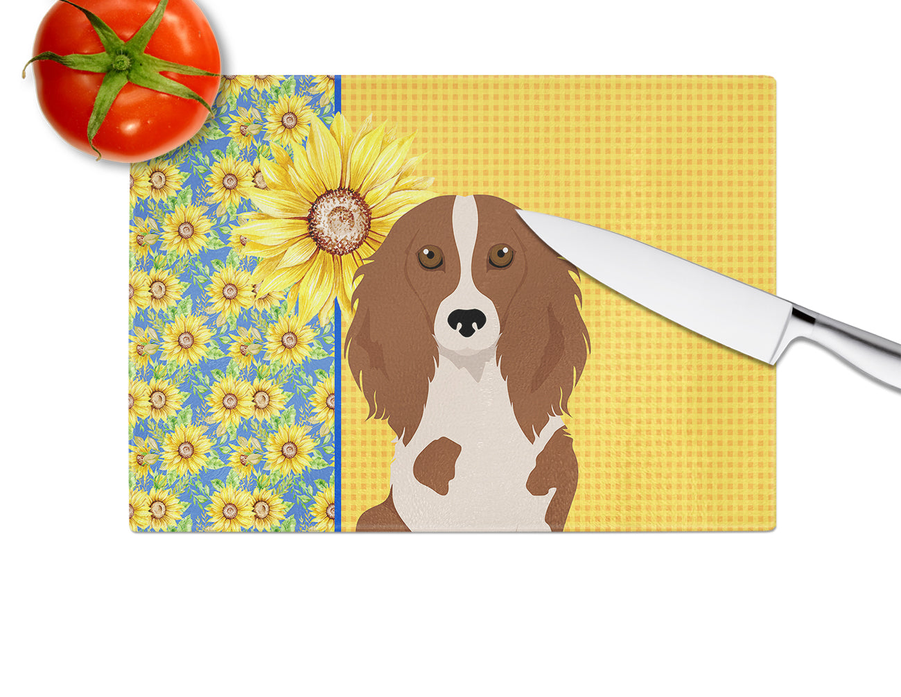 Summer Sunflowers Longhair Red Pedbald Dachshund Glass Cutting Board Large - the-store.com