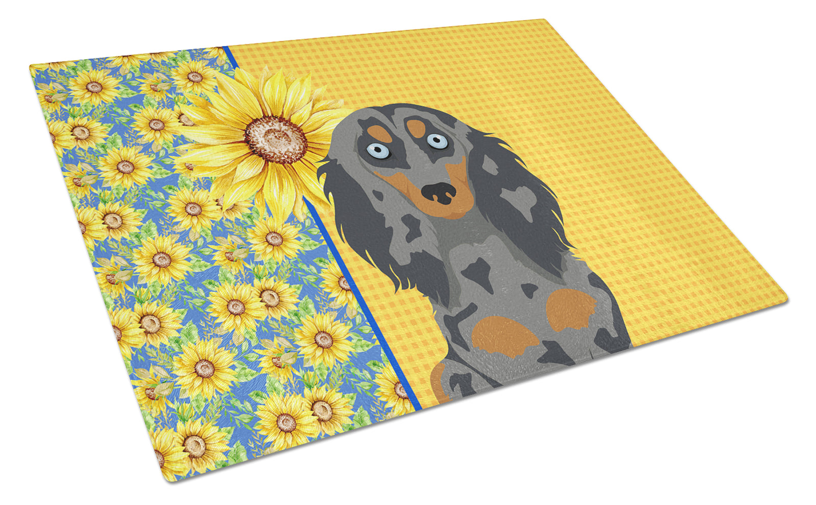 Buy this Summer Sunflowers Longhair Blue and Tan Dapple Dachshund Glass Cutting Board Large