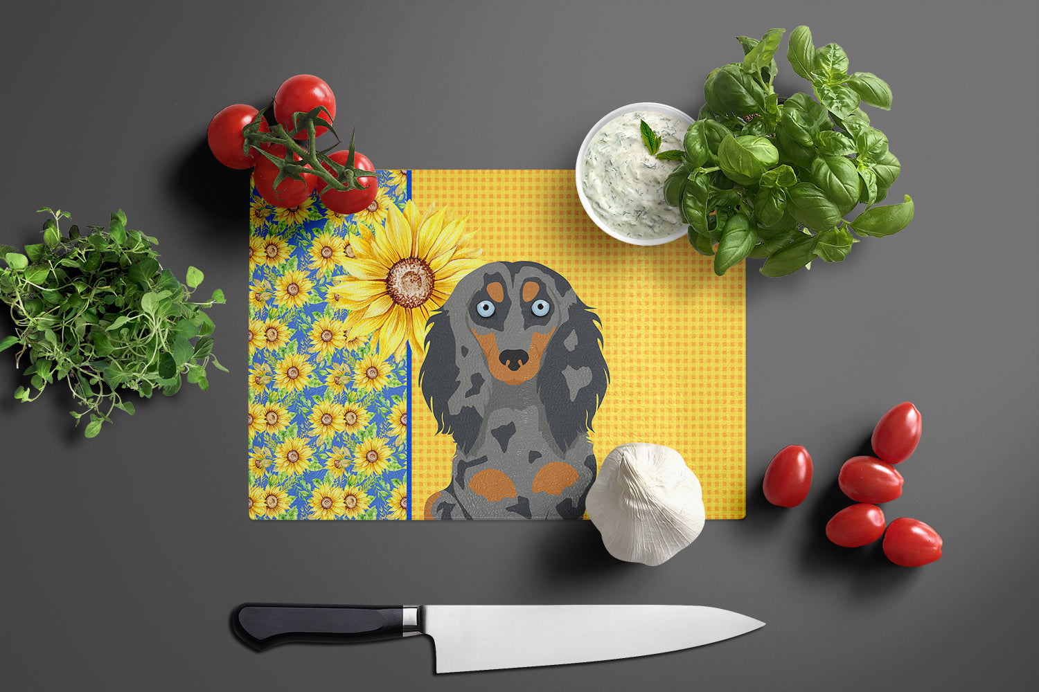Summer Sunflowers Longhair Blue and Tan Dapple Dachshund Glass Cutting Board Large - the-store.com