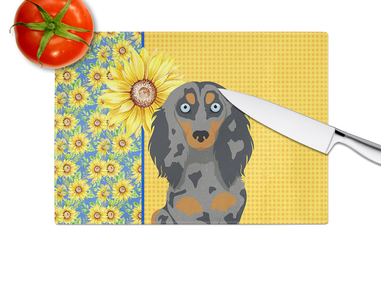 Summer Sunflowers Longhair Blue and Tan Dapple Dachshund Glass Cutting Board Large - the-store.com