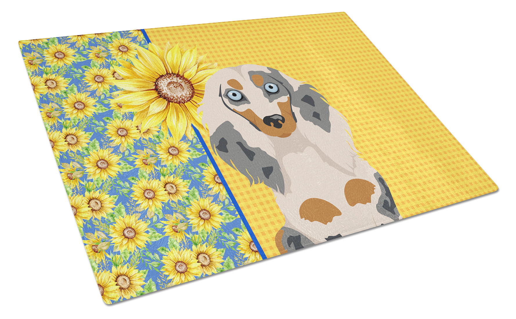 Buy this Summer Sunflowers Longhair Cream Dapple Dachshund Glass Cutting Board Large