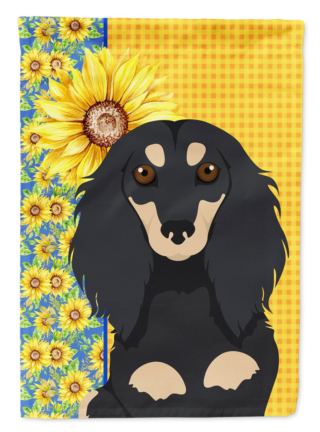 Summer Sunflowers Longhair Black and Cream Dachshund Flag Garden Size