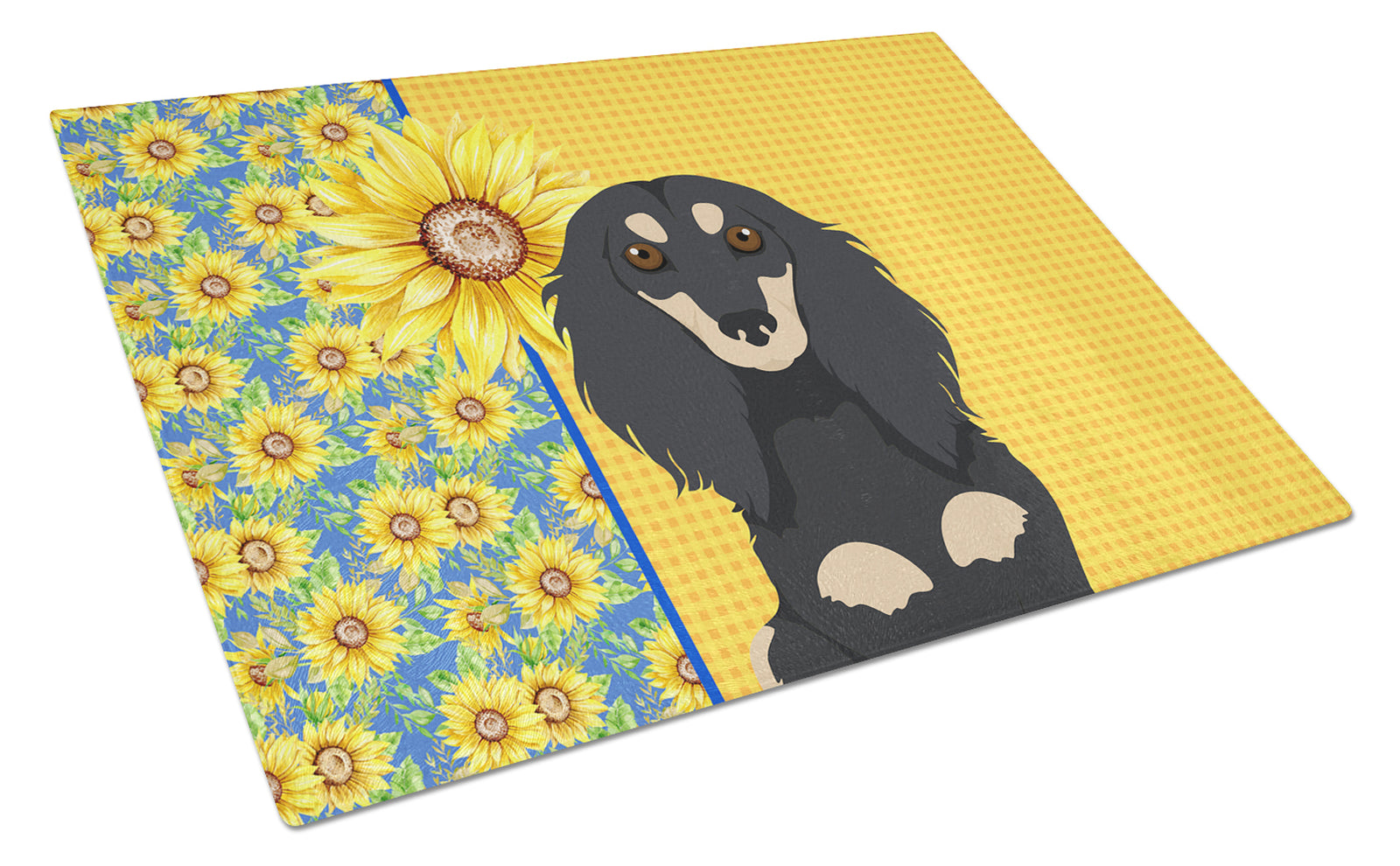 Buy this Summer Sunflowers Longhair Black and Cream Dachshund Glass Cutting Board Large
