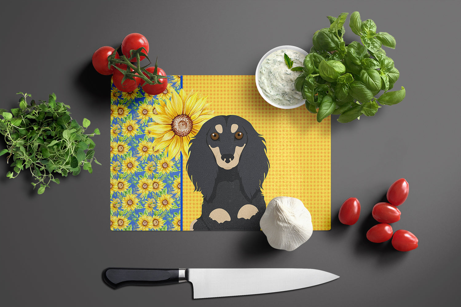 Summer Sunflowers Longhair Black and Cream Dachshund Glass Cutting Board Large - the-store.com