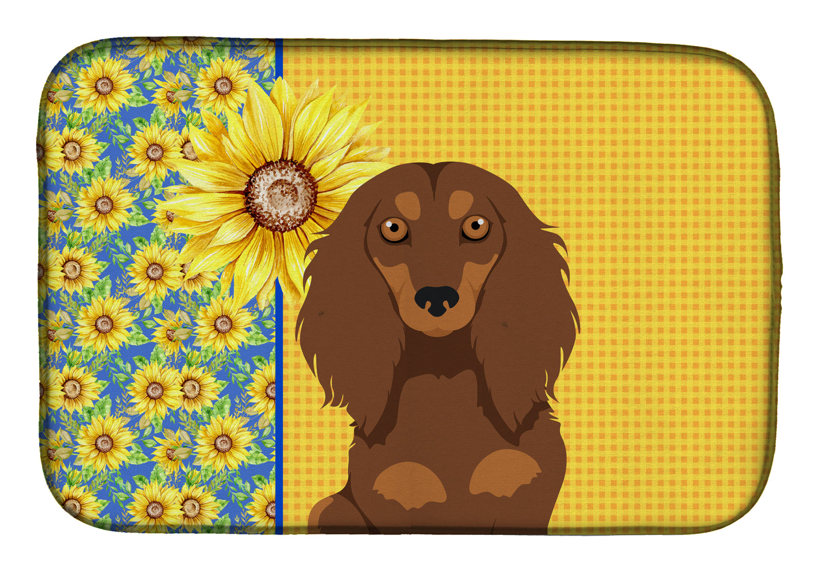 Summer Sunflowers Longhair Chocolate and Tan Dachshund Dish Drying Mat  the-store.com.