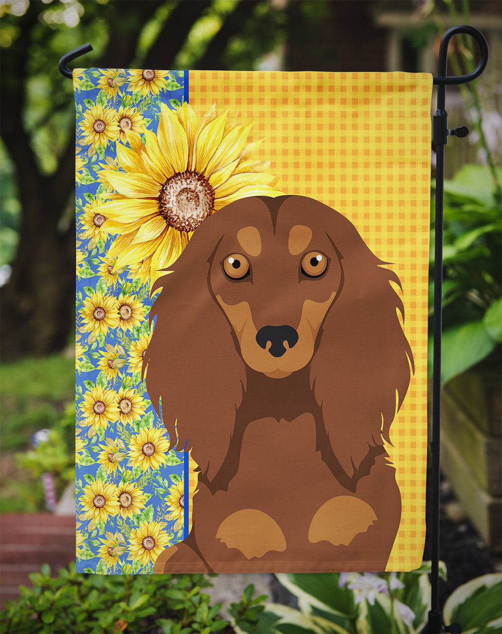 Summer Sunflowers Longhair Chocolate and Tan Dachshund Flag Garden Size