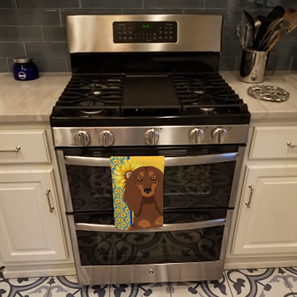Summer Sunflowers Longhair Chocolate and Tan Dachshund Kitchen Towel - the-store.com