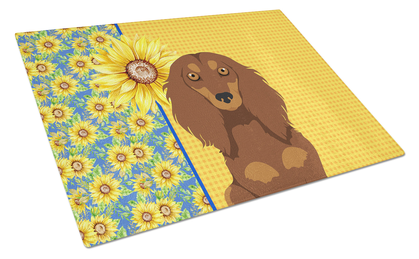 Buy this Summer Sunflowers Longhair Chocolate and Tan Dachshund Glass Cutting Board Large