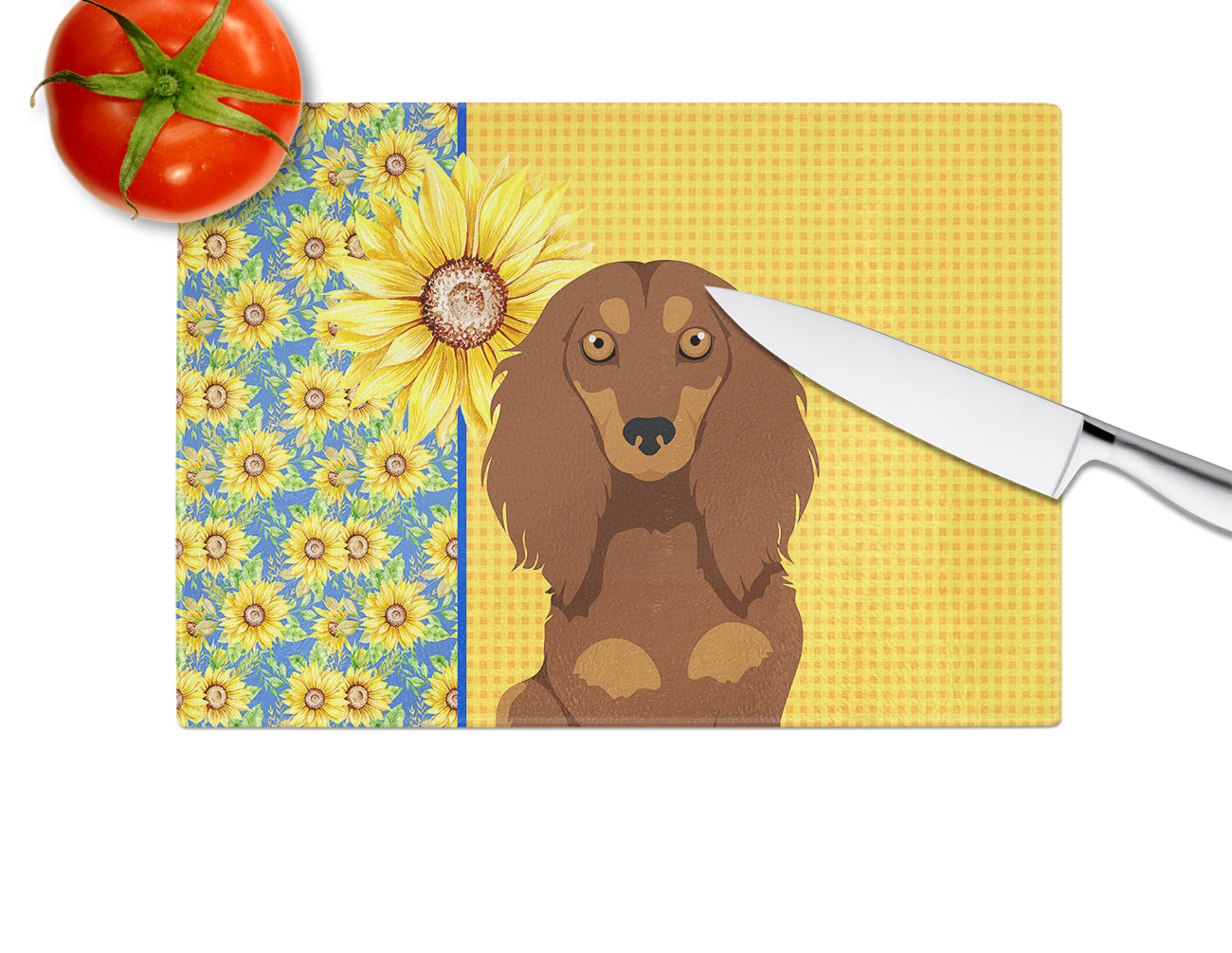 Summer Sunflowers Longhair Chocolate and Tan Dachshund Glass Cutting Board Large - the-store.com