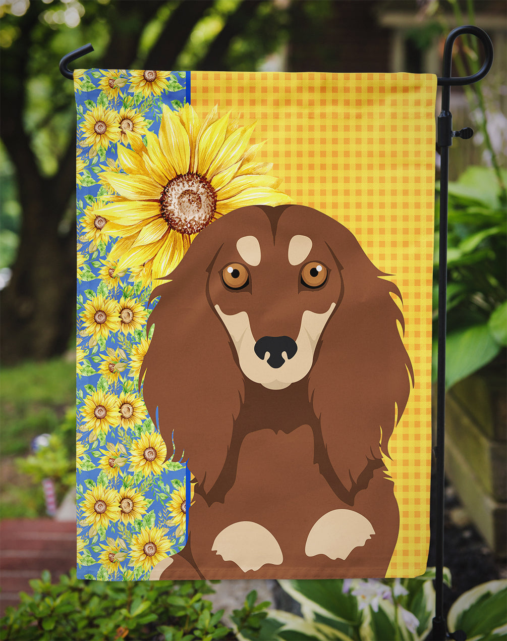 Summer Sunflowers Longhair Chocolate and Cream Dachshund Flag Garden Size