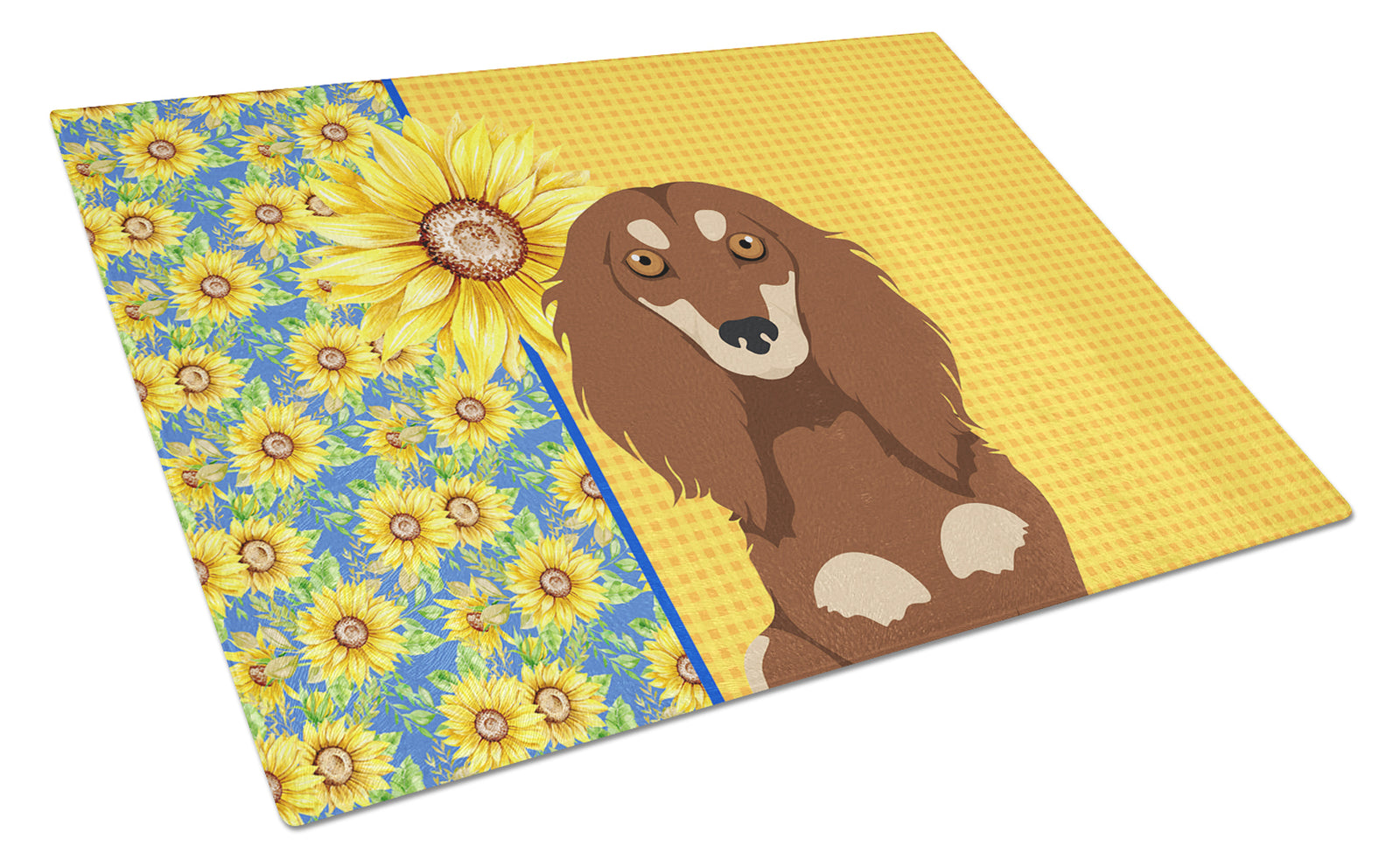Buy this Summer Sunflowers Longhair Chocolate and Cream Dachshund Glass Cutting Board Large