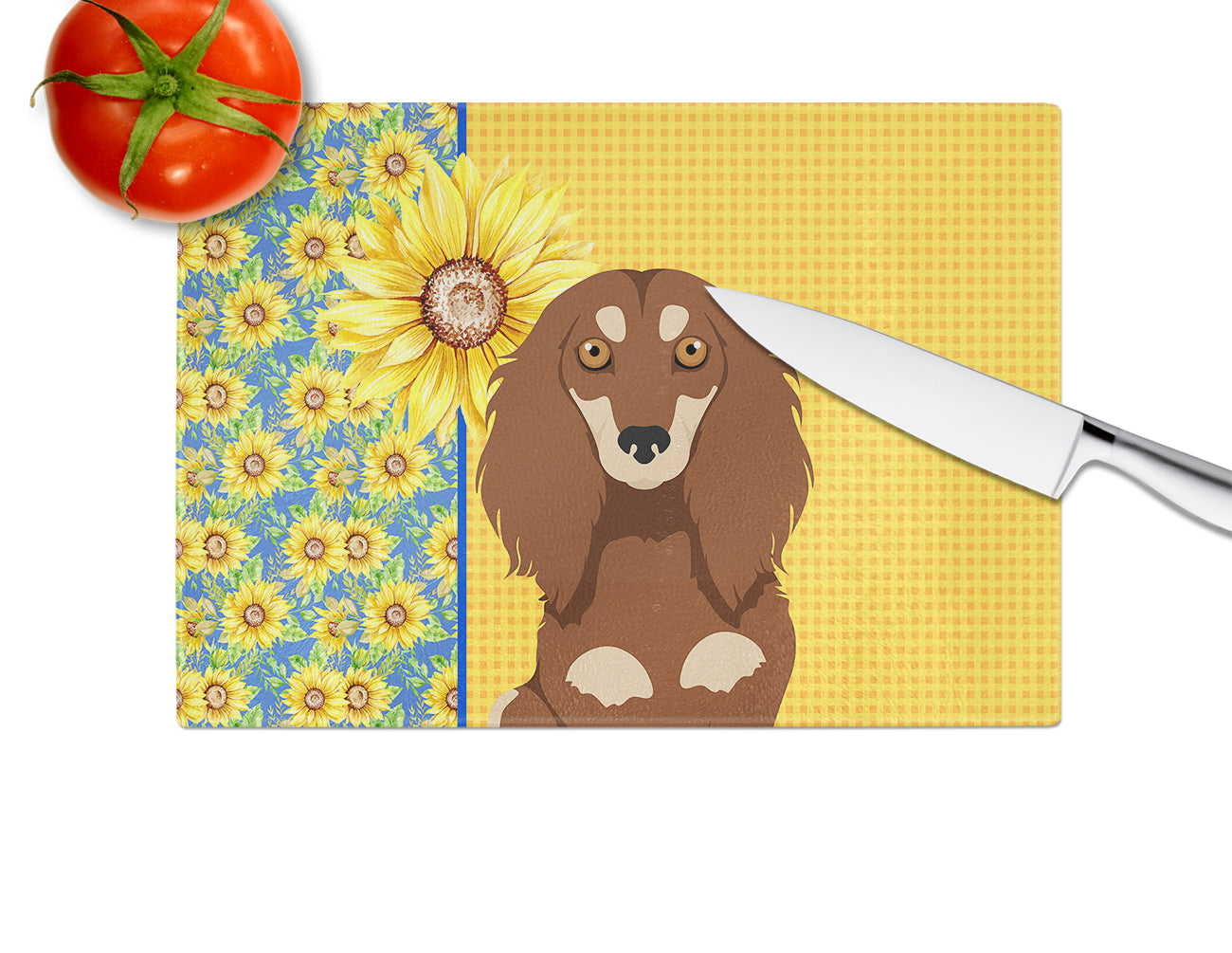 Summer Sunflowers Longhair Chocolate and Cream Dachshund Glass Cutting Board Large - the-store.com
