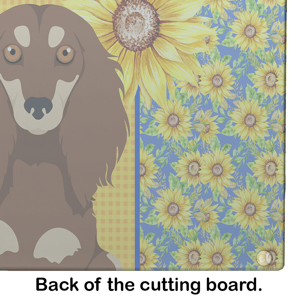 Summer Sunflowers Longhair Chocolate and Cream Dachshund Glass Cutting Board Large - the-store.com