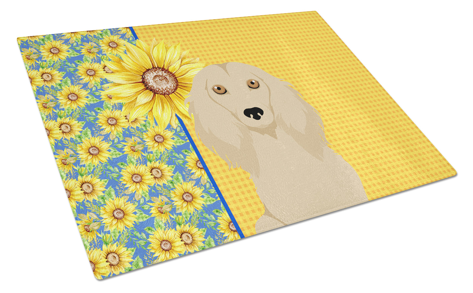 Buy this Summer Sunflowers Longhair Cream Dachshund Glass Cutting Board Large