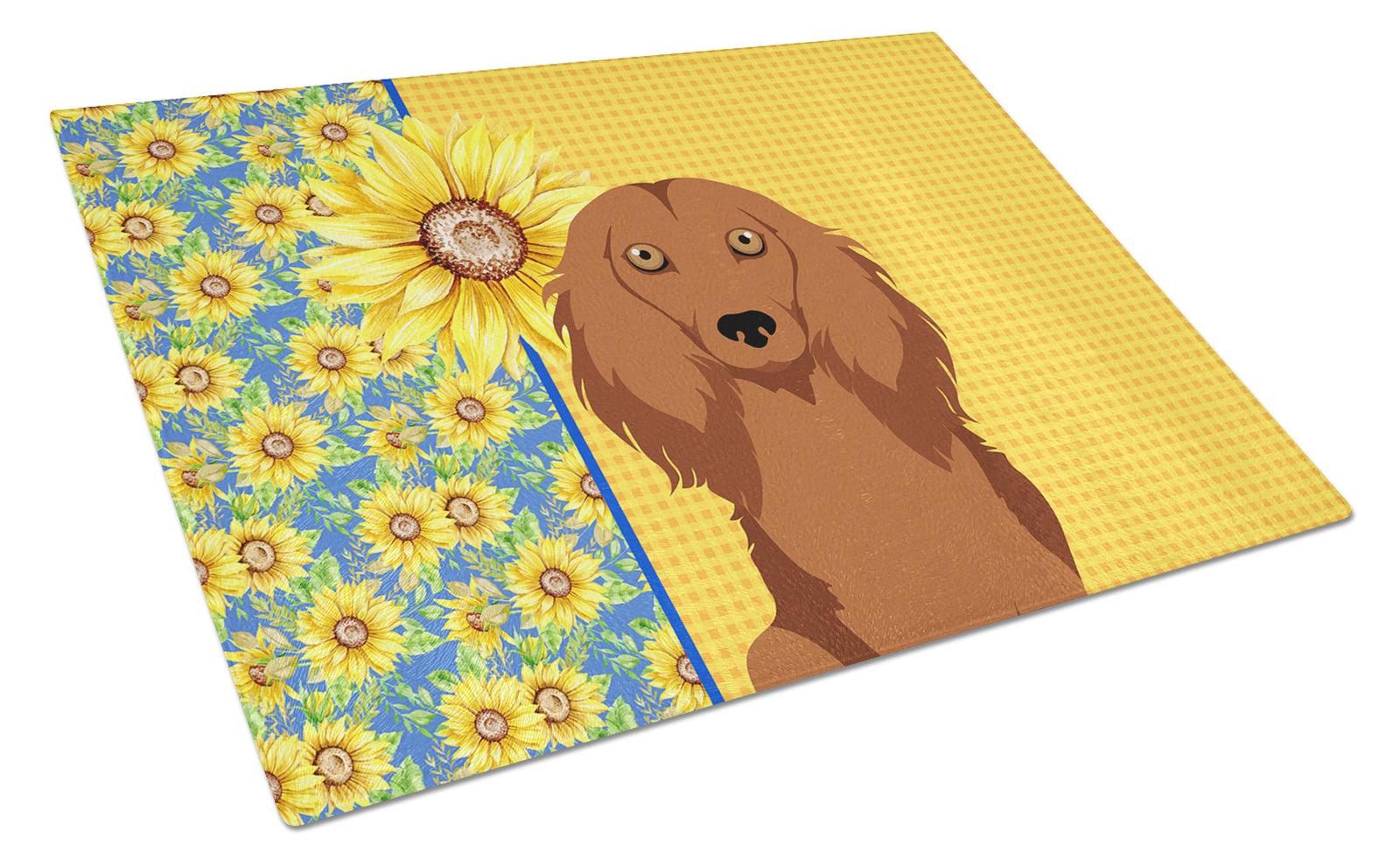 Buy this Summer Sunflowers Longhair Red Dachshund Glass Cutting Board Large